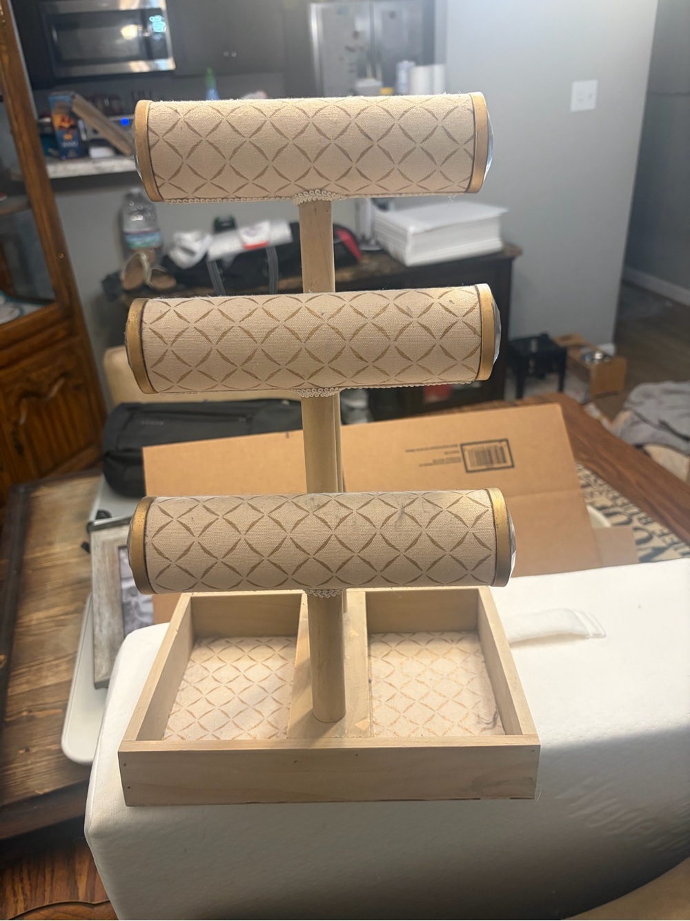 Beige 3-Tier Jewelry Organizer Stand with Divided Tray - Neutral Beige